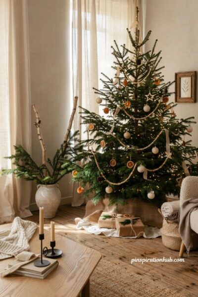 Simple christmas tree with layered burlap tree skirt and cozy farmhouse holiday decor