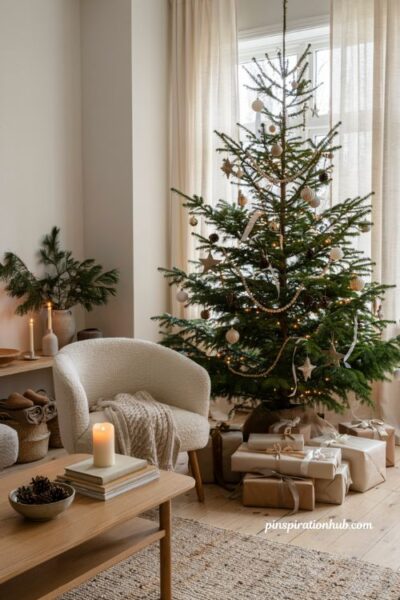 Simple christmas tree with matching neutral wrapped gifts for elegant farmhouse holiday decor