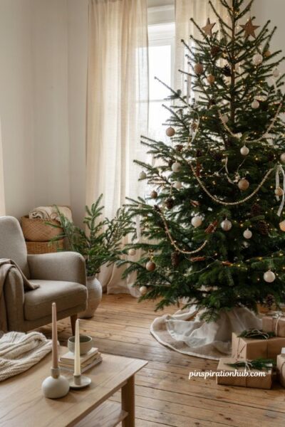 Simple christmas tree with natural pinecones and cinnamon sticks for cozy farmhouse holiday decor