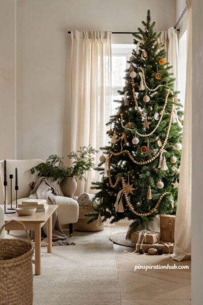Simple christmas tree with natural wood bead garland and organic farmhouse holiday decor