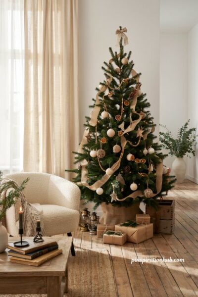 Simple christmas tree with repeating ivory ornaments for elegant minimalist holiday decor