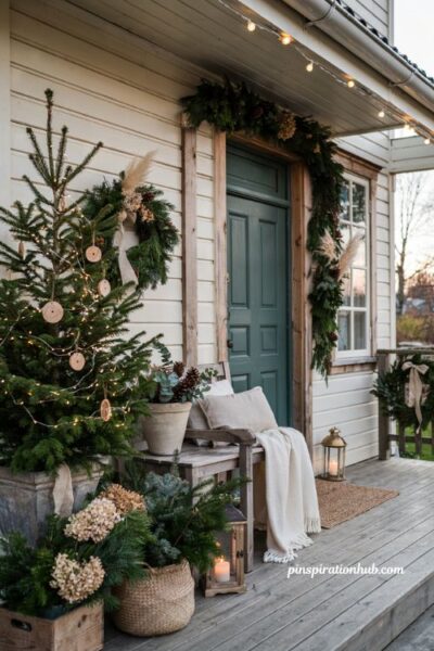 Simple outdoor Christmas decor ideas with greenery white lights and elegant winter porch styling