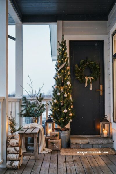 Skinny pencil christmas tree on front porch with simple farmhouse holiday decor