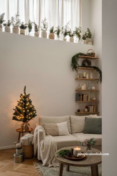 Small space Christmas decorating ideas with mini trees bottlebrush decor and cozy apartment styling