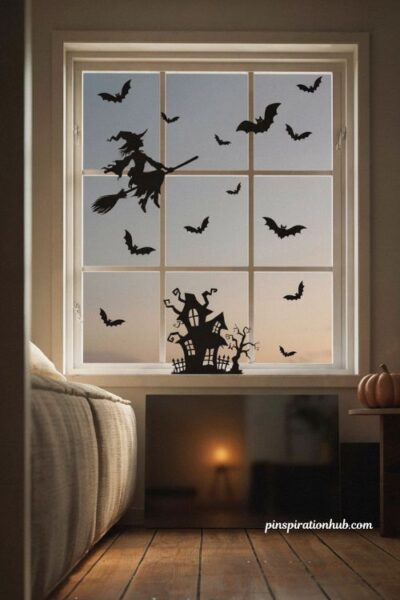 Spooky silhouette wall art with bats and haunted house cutouts on a backlit window for halloween