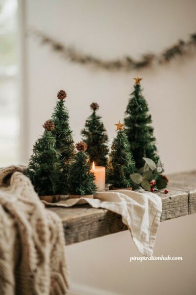 Stacked Dollar Tree mini Christmas tree topiary centerpiece for cozy holiday decor