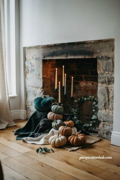 Stacked velvet and faux pumpkins in muted green and black by a cozy fireplace for elegant halloween decor
