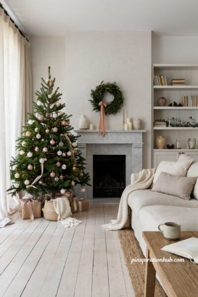 Subtle pink christmas living room with blush holiday accents and traditional festive decor