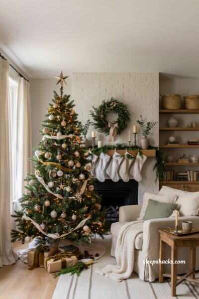 Themed christmas tree ideas for a cozy living room with coordinated holiday decor