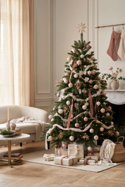 Themed christmas tree ideas with blush pink pearl ornaments and elegant pastel holiday decor