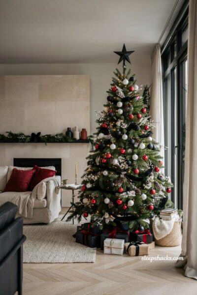 Themed christmas tree ideas with bold red black and white modern holiday decor