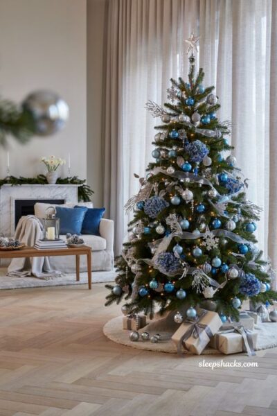 Themed christmas tree ideas with elegant blue and silver ornaments and layered holiday textures