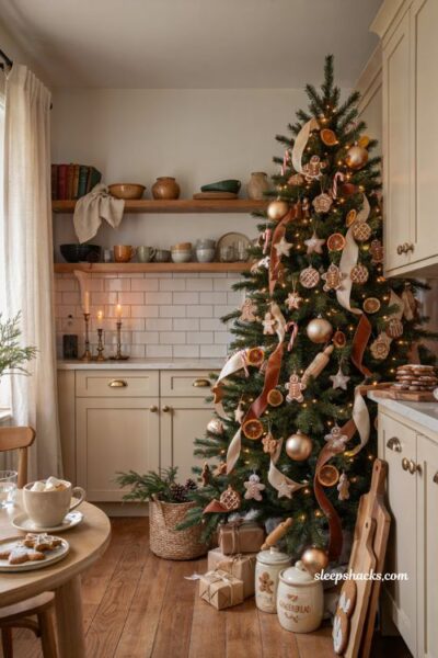 Themed christmas tree ideas with gingerbread cookie ornaments for a cozy kitchen