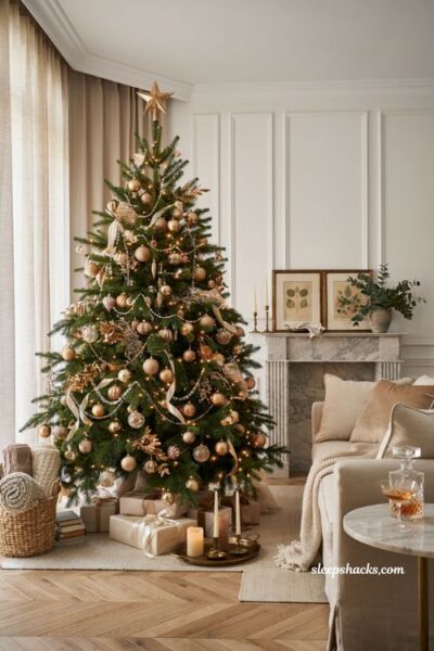 Themed christmas tree ideas with metallic gold ornaments and elegant crystal garland