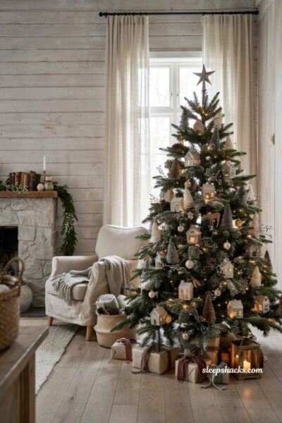 Themed christmas tree ideas with miniature christmas village and flocked white tree