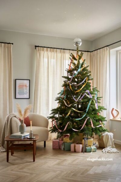 Themed christmas tree ideas with rainbow garland and disco ball topper