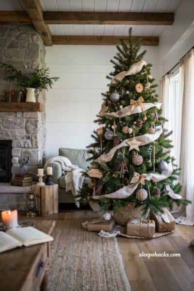 Themed christmas tree ideas with rustic repurposed farmhouse ornaments and burlap garland