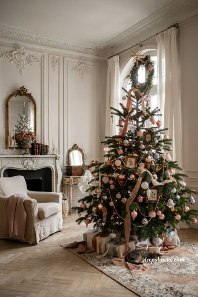 Themed christmas tree ideas with vintage french ornaments in blush pink copper and soft blue