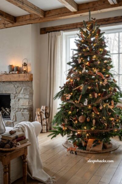 Themed christmas tree ideas with woodsy forest ornaments pinecones and woodland holiday decor