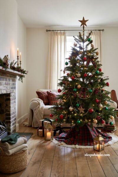 Traditional christmas tree ideas with a plaid tartan tree skirt and cozy holiday decor