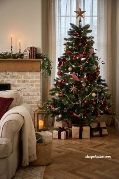 Traditional christmas tree ideas with burgundy accents and antique gold holiday decor