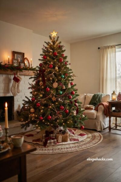 Traditional christmas tree ideas with classic red green and gold heirloom holiday decor