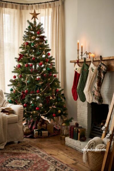 Traditional christmas tree ideas with coordinated red green and gold stockings