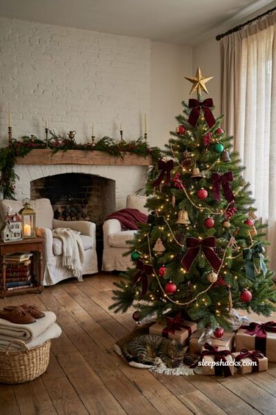 Traditional christmas tree ideas with deep burgundy velvet bows and classic holiday decor