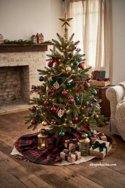 Traditional christmas tree ideas with layered plaid tartan and burlap tree skirts