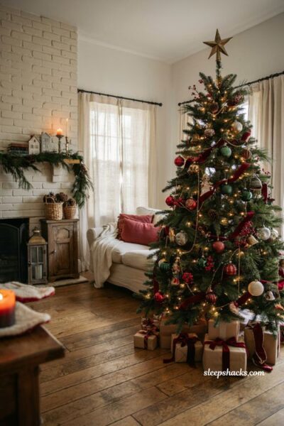 Traditional christmas tree ideas with mismatched vintage ornaments and heirloom holiday decor