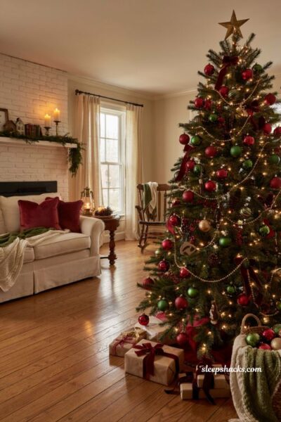 Traditional christmas tree ideas with mixed glass bauble finishes in red green and gold