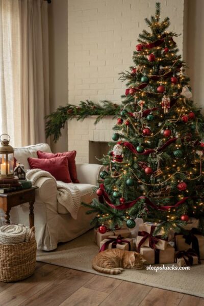 Traditional christmas tree ideas with nostalgic santa sled and nutcracker ornaments