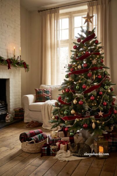 Traditional christmas tree ideas with woven ribbon and classic holiday decorations