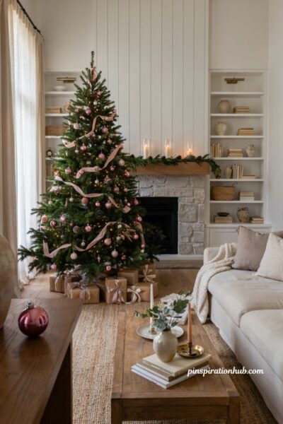 Traditional christmas tree with blush pink ornaments and elegant holiday living room decor