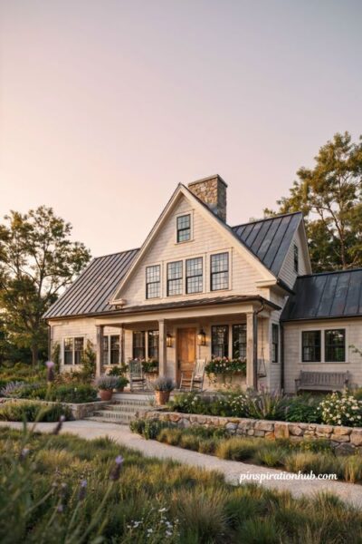 Two story farmhouse exterior with steep gable and classic country charm