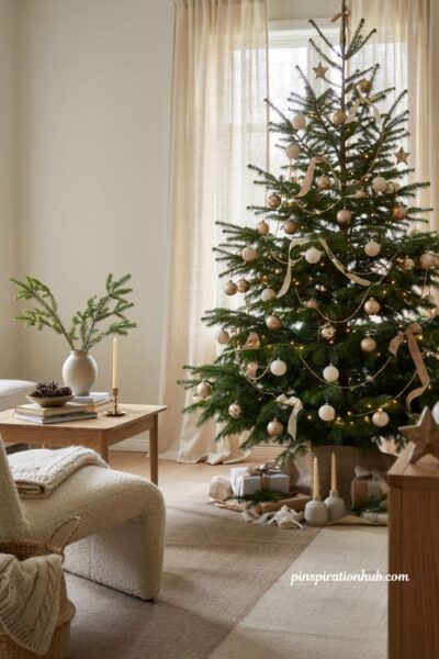 Two tone christmas tree with cream and gold minimalist holiday decorating ideas