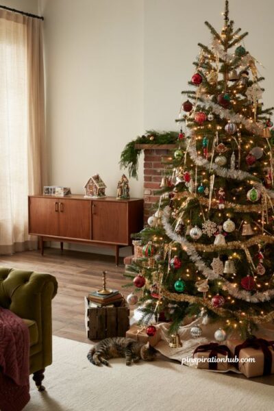 Vintage christmas tree ideas with gold aluminum icicles and vintage ornaments