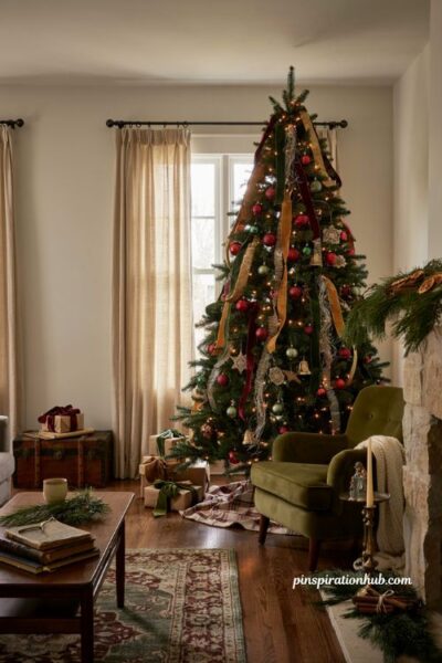 Vintage christmas tree ideas with layered velvet ribbon woven through the branches