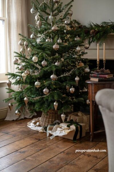 Vintage christmas tree ideas with mercury glass drop ornaments and warm white lights