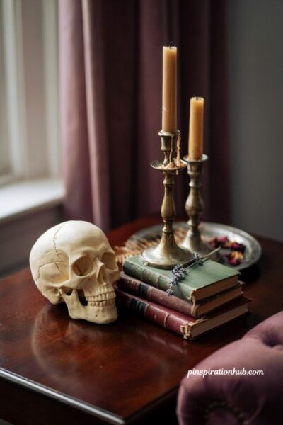 Vintage gothic halloween vignette with decorative skull tarnished brass candlesticks and old books