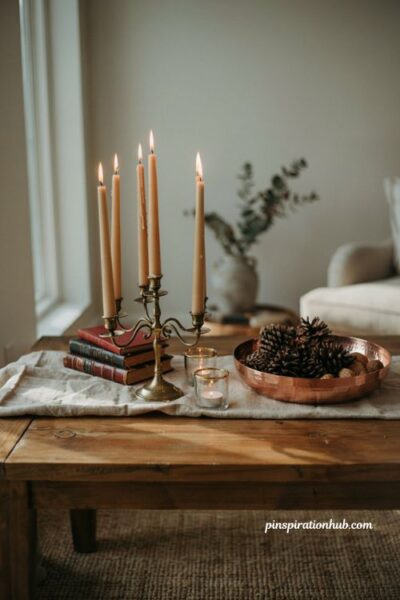 Warm metallic fall accents grouped with brass candelabra and copper bowl on a rustic wooden table