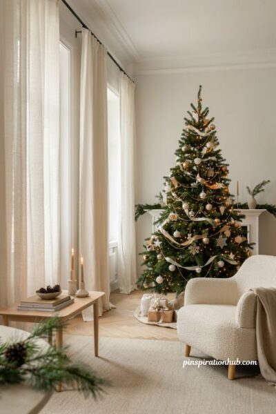 White and gold minimalist christmas tree with elegant ribbon and bead garland decor