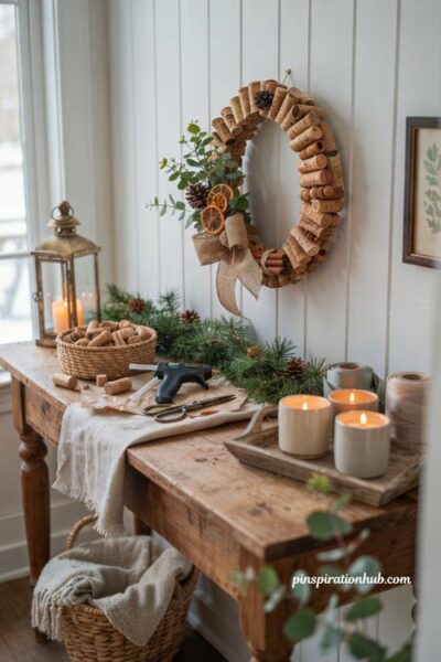 Wine cork wreath handmade Christmas gift ideas with rustic farmhouse holiday decor inspiration