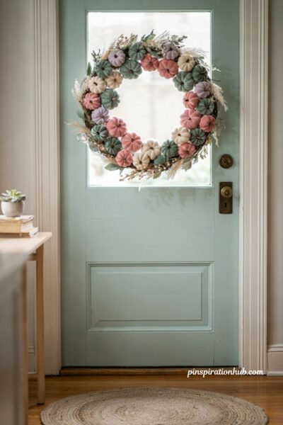 diy pastel pumpkin wreath in dusty pink and sage on a mint front door for a modern autumn look