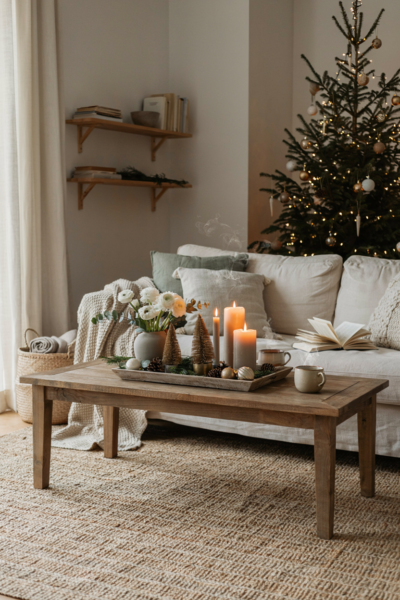 Wide-angle eye-level editorial interior photograph of a cozy Christmas living room where an overlooked empty corner has been transformed into a beautiful seasonal focal point, timeless modern farmhouse blended with classic Scandinavian warmth, a calming palette of warm cream, soft beige, muted evergreen, natural oak, and subtle touches of brushed gold, featuring a tall slim faux Christmas tree in a woven basket, flanked by ribbon-wrapped evergreen topiaries of varying heights resting on rustic wooden stools, an oversized vintage-inspired ornament displayed on a decorative stand, fresh cedar branches, pinecones, softly glowing fairy lights, a textured jute rug, linen curtains, warm wood flooring, layered knit throws on a nearby sofa, ceramic lanterns, and natural woven baskets that make the display feel balanced and grounded, every decorative element intentionally oversized enough to give the forgotten corner visual presence without overwhelming the room, soft winter daylight pouring through nearby windows blending with warm lamplight and candlelight to create a peaceful evening glow, expressing the quiet beauty of making every corner feel purposeful through soft neutral colors, aged natural textures that add warmth and depth, and thoughtfully layered holiday details that feel collected over many seasons, no people, no text, no watermarks, no blur, no bokeh, all surfaces in sharp focus, photorealistic, 4K resolution, editorial interior photography, Pinterest-worthy