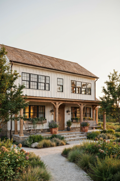 Farmhouse exterior with black framed windows and timeless white siding