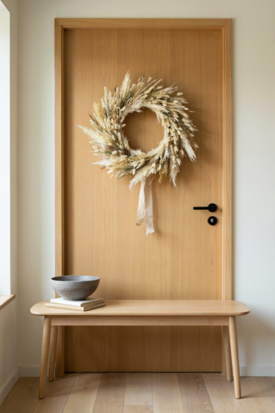 Dried wheat and bunny tail grass wreath on a minimalist light oak front door for minimalist autumn entryway decor