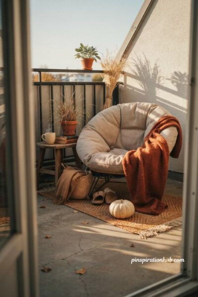 Apartment fall balcony ideas with a cozy egg chair, warm blanket, autumn decor, and golden hour light