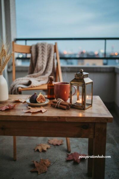 Apartment fall balcony ideas with a cozy lantern, warm candlelight, and autumn scent inspired decor
