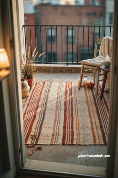 Apartment fall balcony ideas with a cozy outdoor rug, warm autumn colors, and comfortable seating